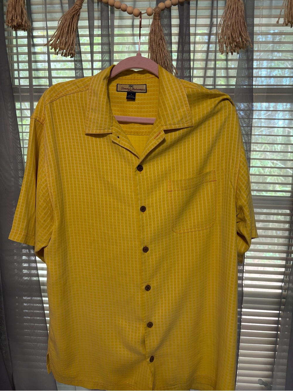 Tommy Bahama Yellow Short-Sleeve Camp Shirt with Subtle Vertical Stripe